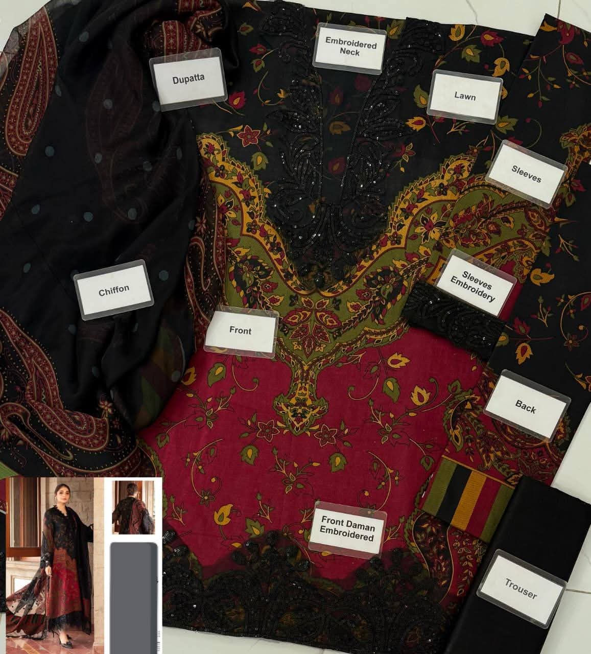 Embroidery Lawn with Chiffon Duppata-3PCS Suit