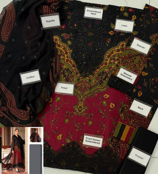 Embroidery Lawn with Chiffon Duppata-3PCS Suit